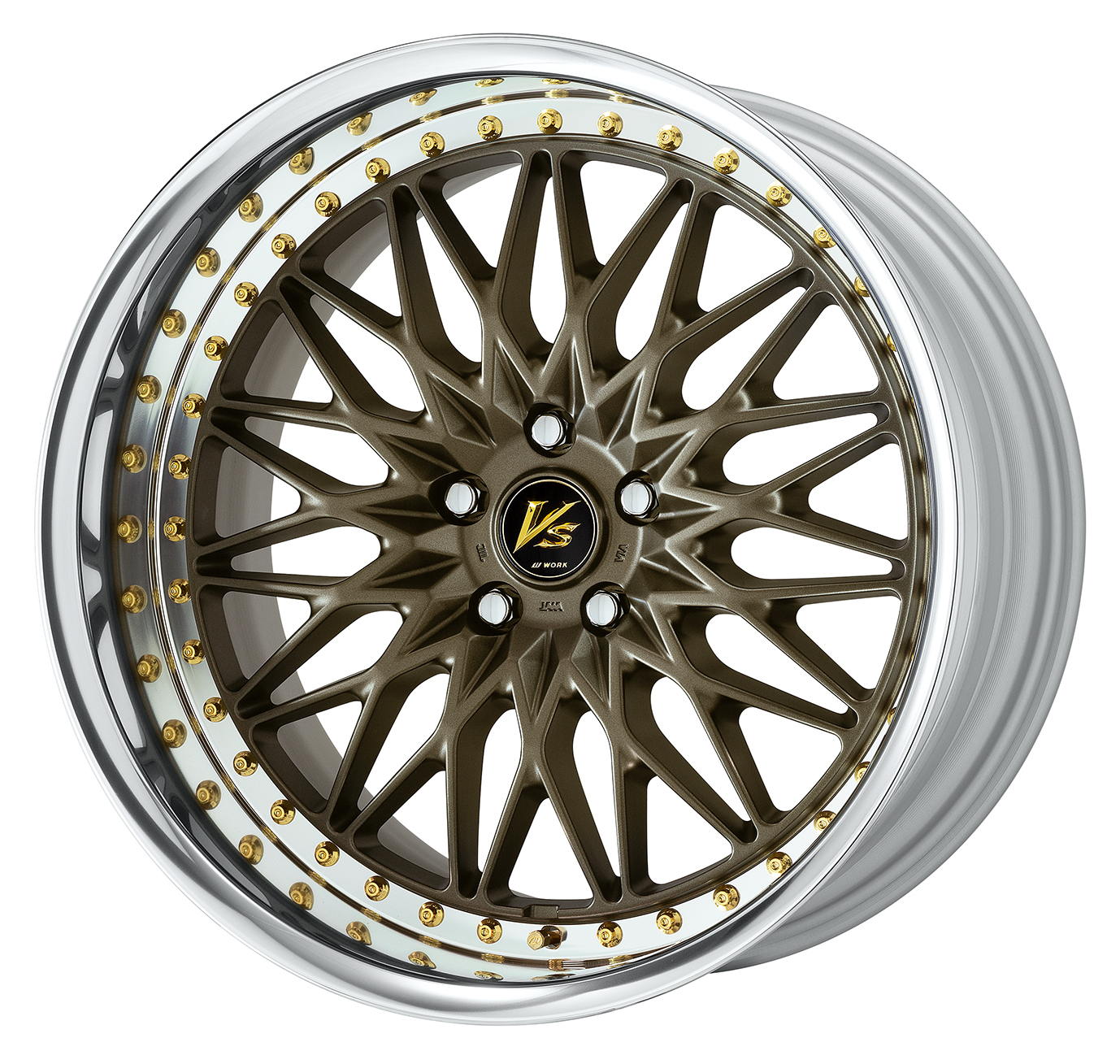 ■Size: 20-inch<br />
■Disc: Ashed Titanium (Custom)<br />
■Rim: Full Reverse (Shape) / Buffed Anodized (Standard)<br />
■Center Cap: Black (Standard)<br />
■Piercing Bolt: Gold Piercing Bolt (Custom)<br />
■Air Valve: Gold Air Valve (Custom)